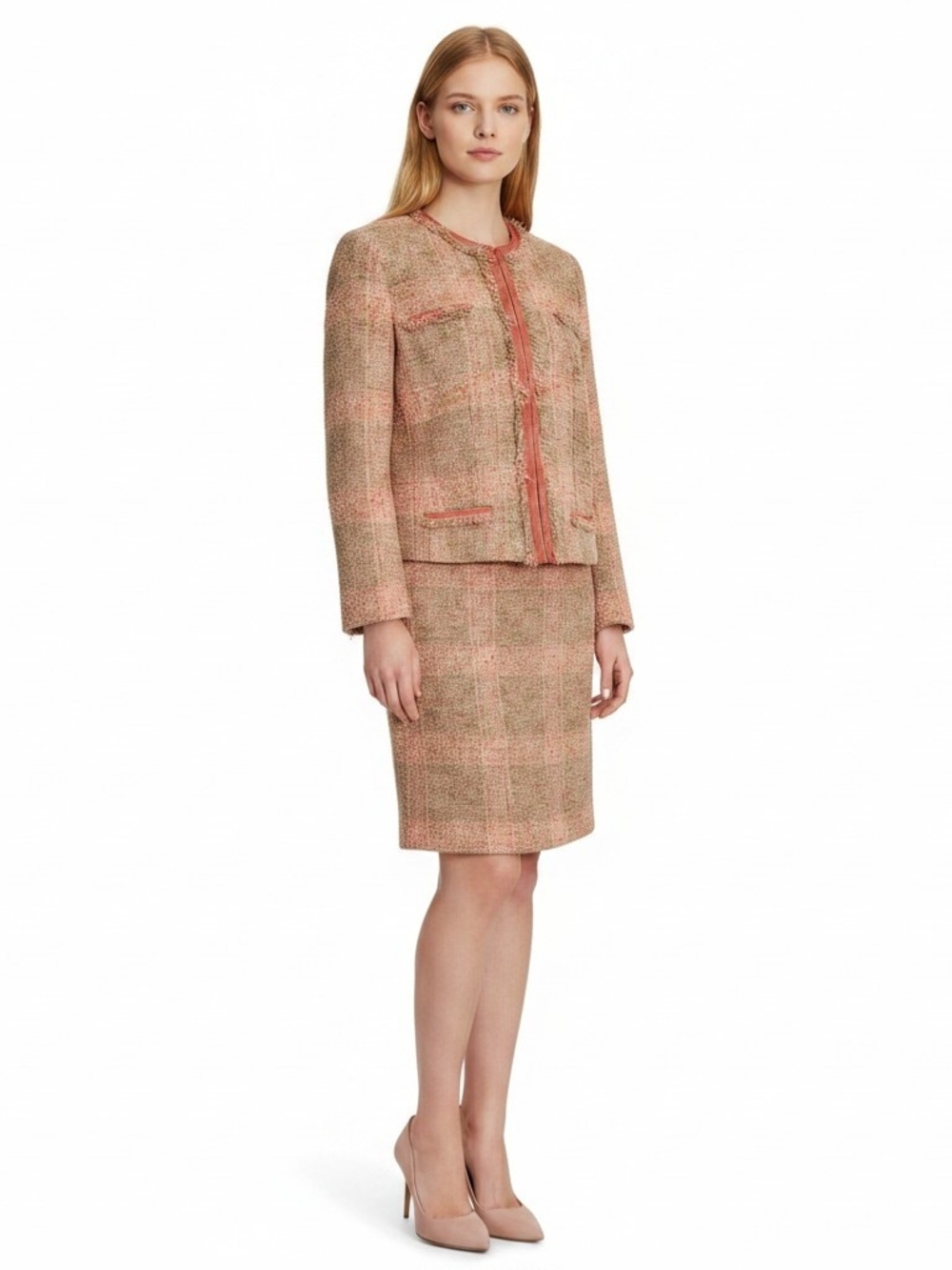 Brooks Brothers Italian Suit Preppy Pink Green Tweed Skirt Set Women's Size 12